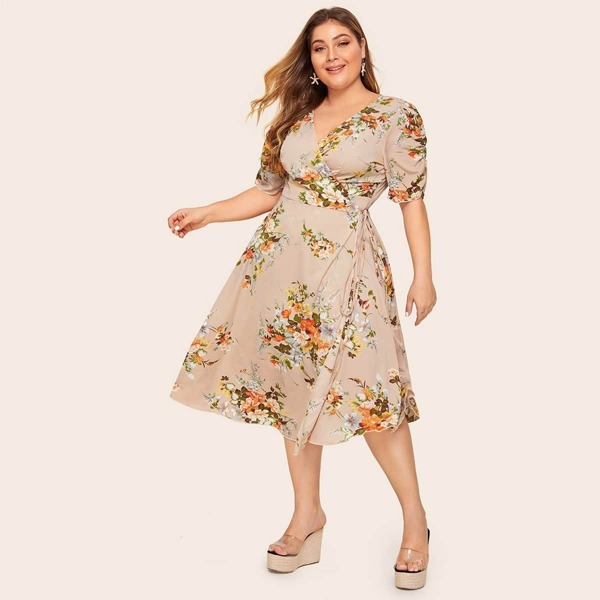 

Plus Floral Print Wrap Knotted Dress, Beige pastel