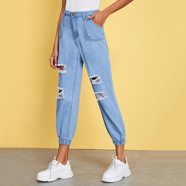 

Button Waist Ripped Jeans