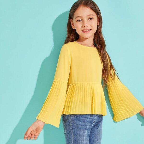 

Girls Flounce Sleeve Pleated Hem Top, Yellow