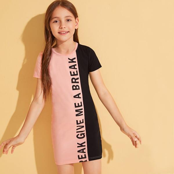 

Girls Slogan Print Colorblock Tee Dress