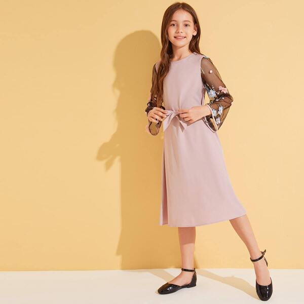 

Girls 3D Appliques Contrast Embroidery Mesh Sleeve Belted Dress