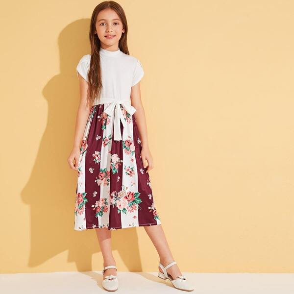 

Girls Mock Neck Floral & Striped Print Belted Dress, Multicolor