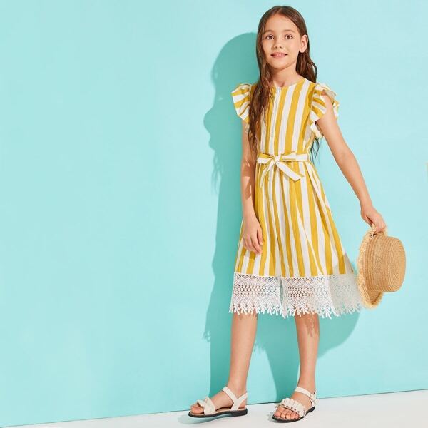 

Girls Striped Ruffle Armhole Lace Hem Belted Dress, Yellow