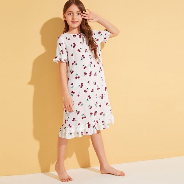 

Girls Ruffle Eyelet Embroidery Trim Cherry Print Night Dress