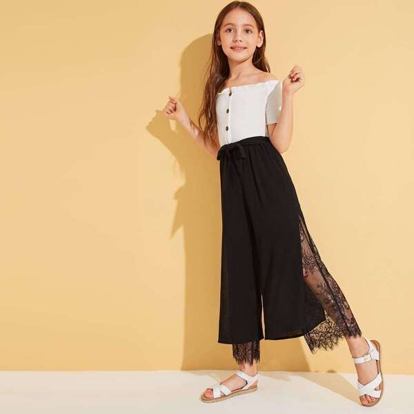 

Girls Tie Waist Lace Insert Wide Leg Pants, Black