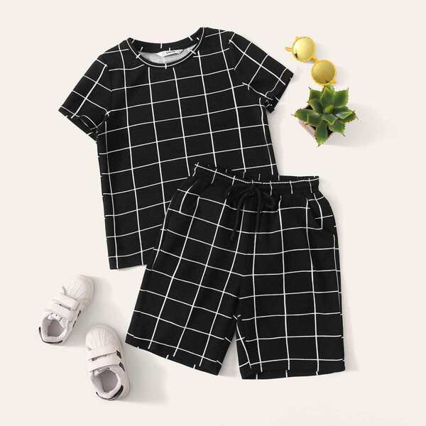 

Boys Grid Top & Drawstring Waist Shorts Set, Black