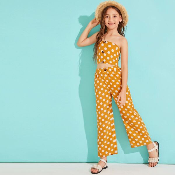 

Girls Polka Dot Shirred Back Tube Crop Top & Pants Set, Yellow