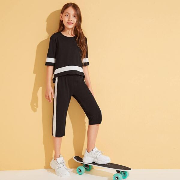 

Girls Contrast Panel Dip Hem Top & Pants Set