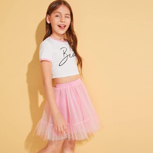 

Girls Letter Print Ringer Crop Top & Mesh Skirt Set