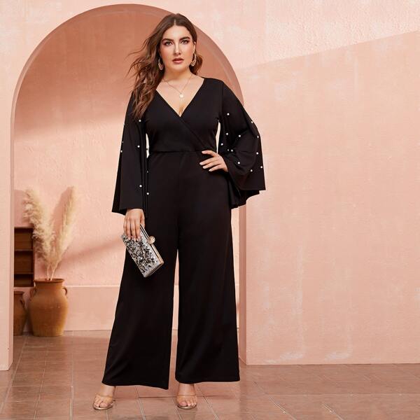 

Plus Plunging Neck Pearls Beaded Bell Sleeve Palazzo Jumpsuit, Black
