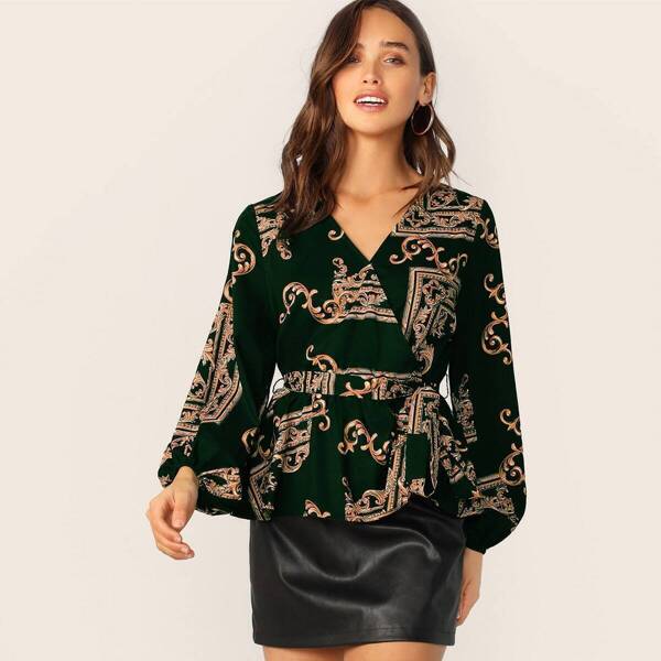 

Wrap Belted Scarf Print Top, Green