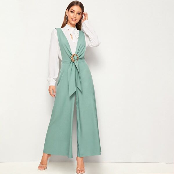 

Tie Front Wide Leg Pinafore Jumpsuit, Green