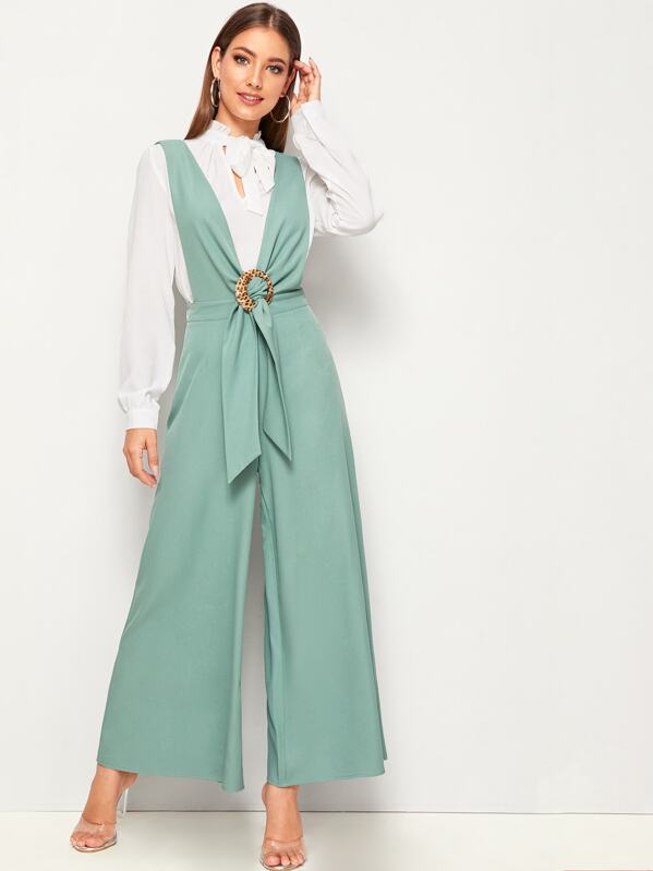 

Tie Front Wide Leg Pinafore Jumpsuit, Green, Debi Cruz