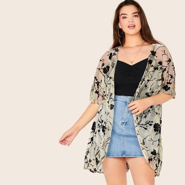 

Plus Open Front Floral Sheer Flocked Kimono, Multicolor