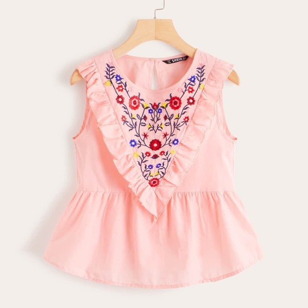 

Ruffle Trim Embroidered Peplum Top