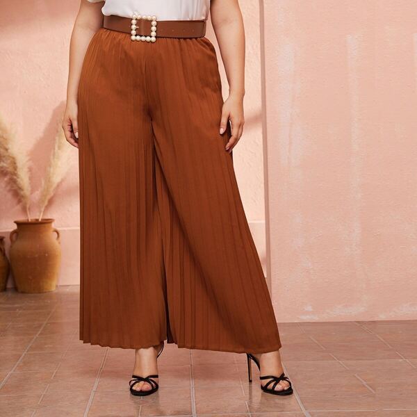 

Plus Pleated Wide Leg Pants With Pearl Belt, Brown