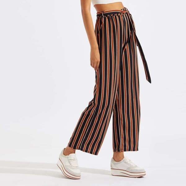 

Straight Leg Striped Pants With Belt, Multicolor