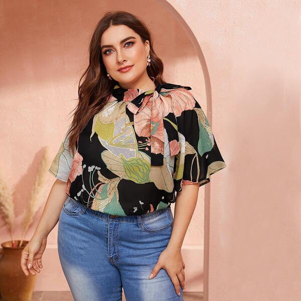 

Plus Tie Neck Flutter Sleeve Floral Print Top, Multicolor