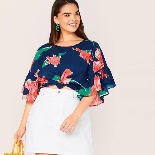 

Plus Floral Print Flounce Sleeve Top, Navy