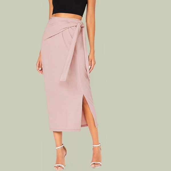 

Solid Tie Side Split Hem Skirt, Pink pastel