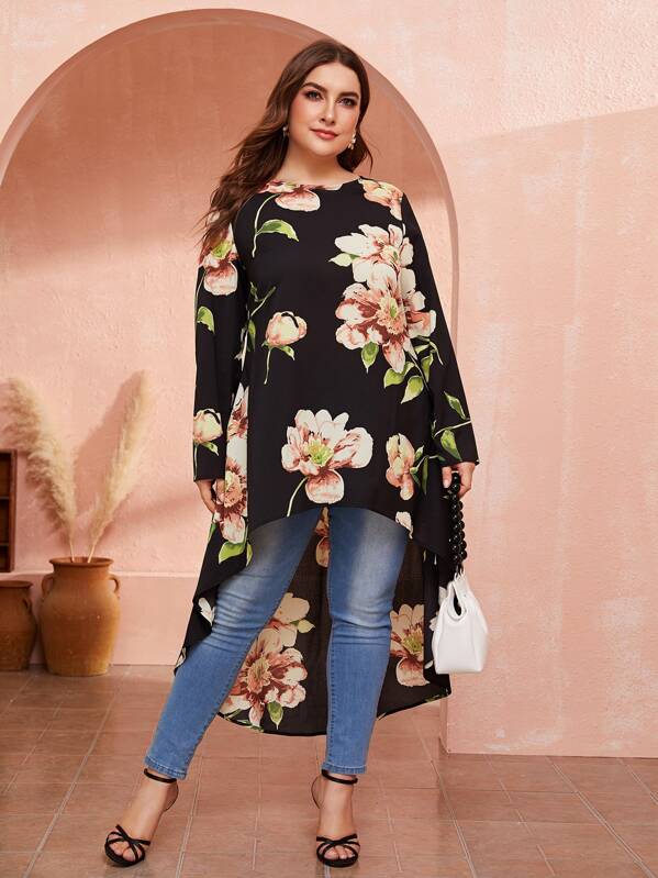 

Plus Floral Print High Low Hem Top, Black, Franziska