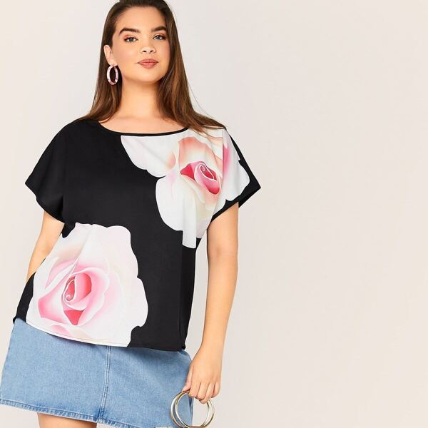 

Plus Floral Print High-low Hem Top