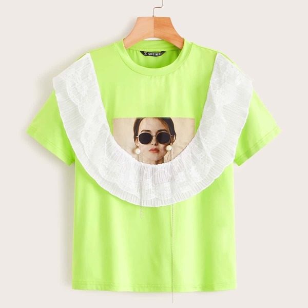 

Neon Lime Lace Trim Figure Print Tee, Green bright