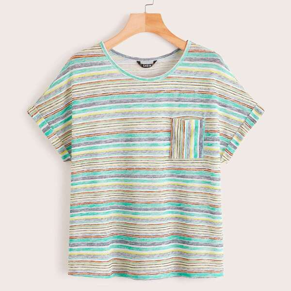 

Cuffed Sleeve Patch Pocket Striped Top