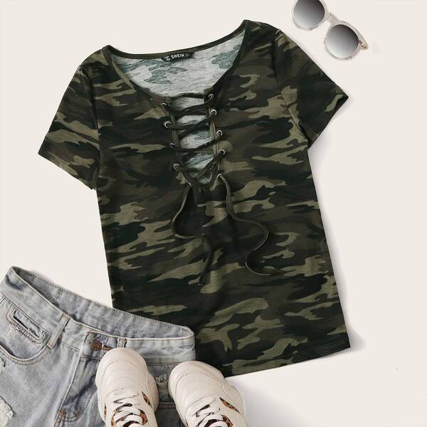 

Grommet Lace Up Front Fitted Camo Top