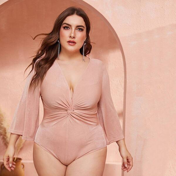 

Plus Plunging Neck Bell Sleeve Twist Front Bodysuit