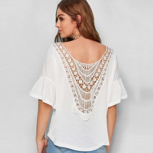 

Flounce Sleeve Guipure Lace Insert Top, White