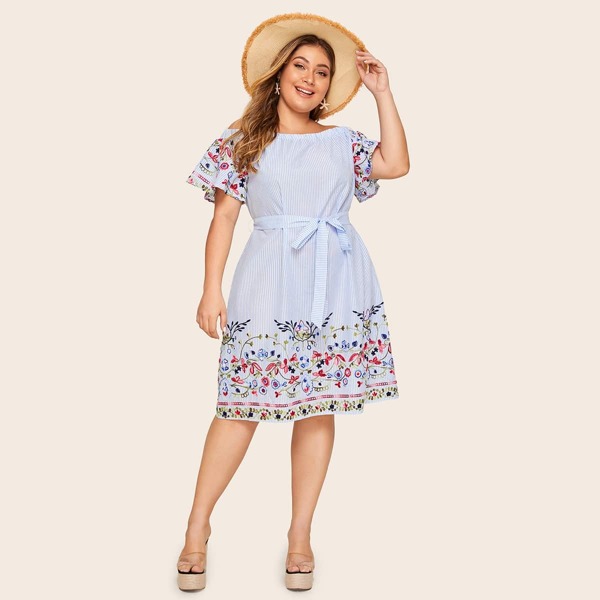 

Plus Off Shoulder Embroidery Appliques Belted Striped Dress, Blue pastel