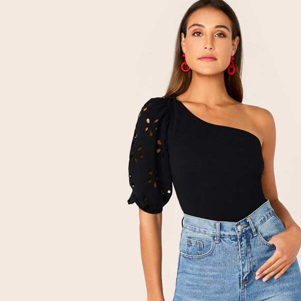 

One Shoulder Laser Cut Sleeve Fitted Top, Black