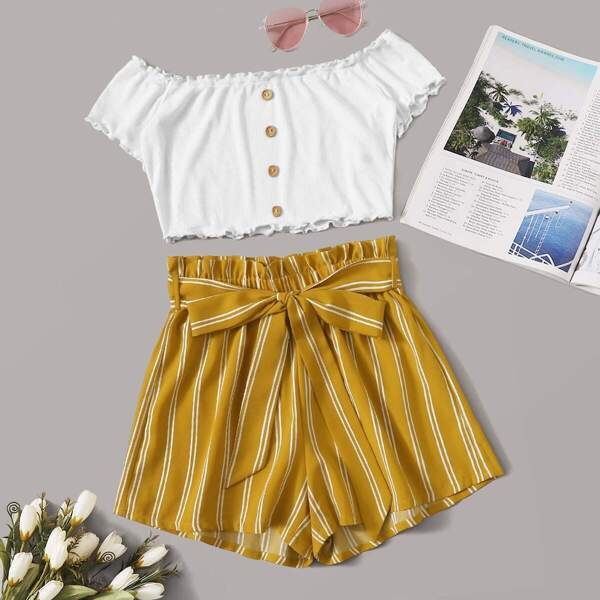 

Lettuce Trim Rib-knit Top & Striped Paperbag Waist Shorts Set