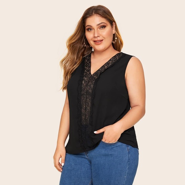 

Plus Solid Lace Insert Top, Black
