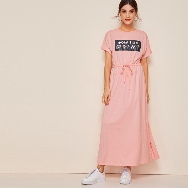 

Slogan Print Drawstring Waist Slit Hem Dress