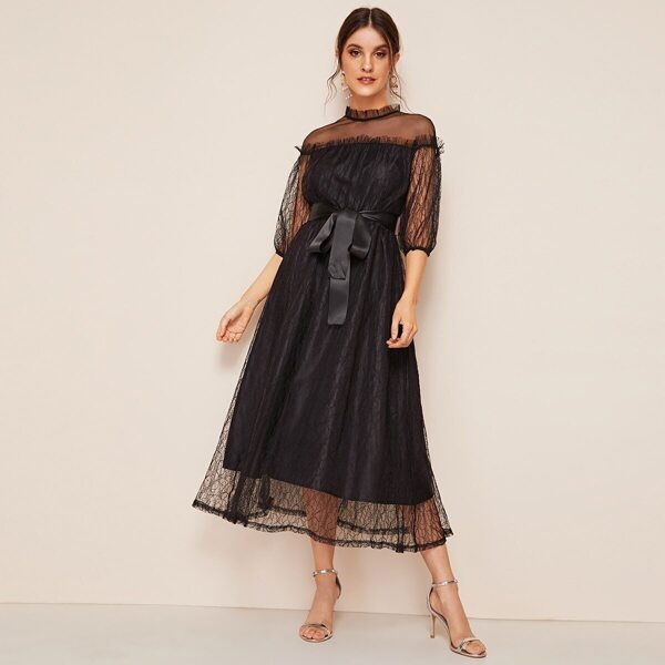

Zipper Back Mock Neck Mesh Overlay Belted Dress, Black