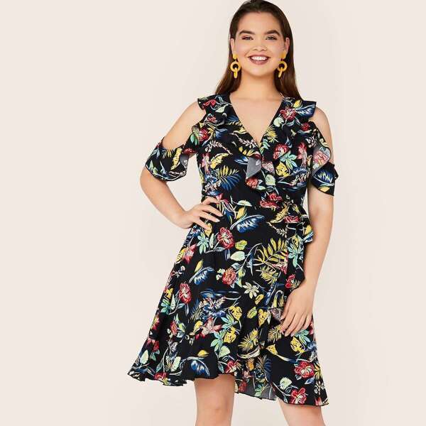 

Plus Floral Cold Shoulder Ruffle Wrap Knotted Dress, Multicolor