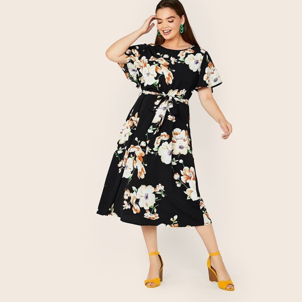 

Plus Flutter Sleeve Floral Print Belted Dress