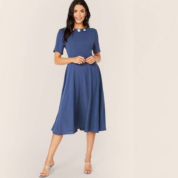 

Appliques Detail Fit & Flare Dress, Blue