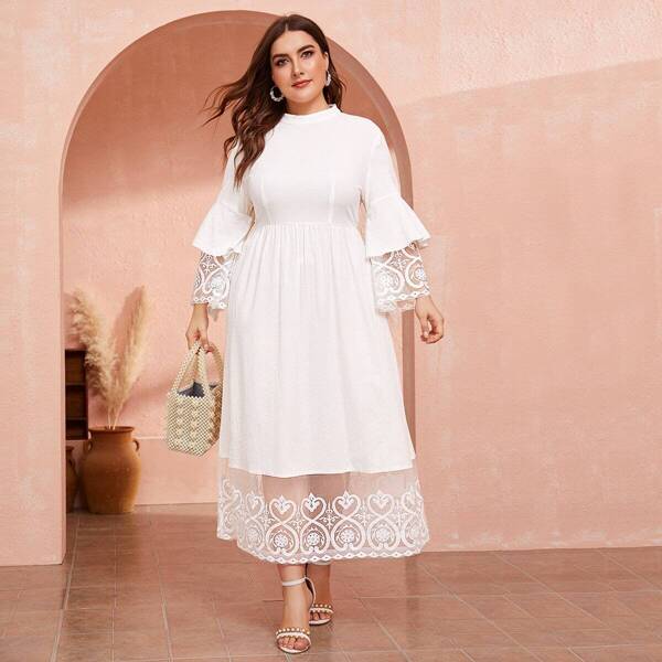

Plus Mock Neck Embroidered Mesh Trim Dress, White