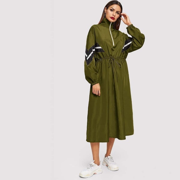 

Zip Up Waist Drawstring Chevron Print Dress