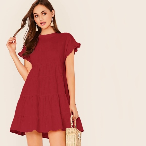 

Ruffle Cuff Solid Smock Dress, Burgundy