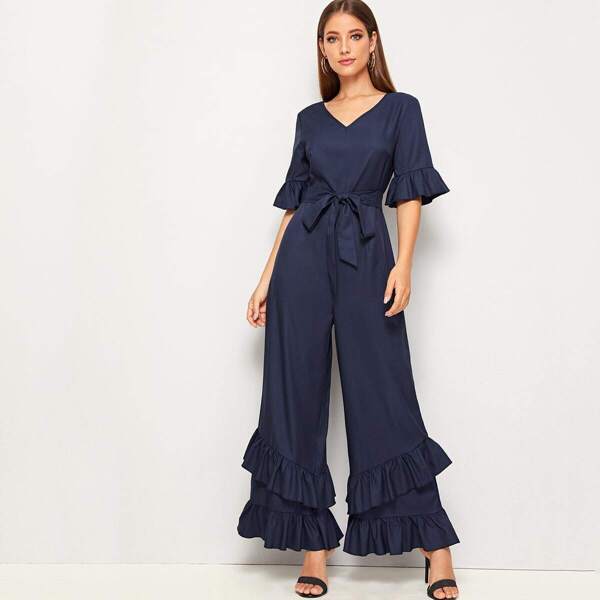 

V-neck Layered Ruffle Detail Belted Palazzo Jumpsuit, Navy