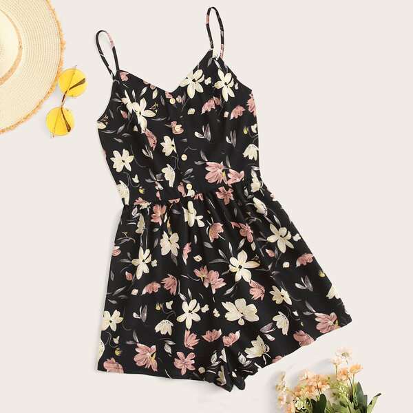 

Button Front Floral Print Slip Romper