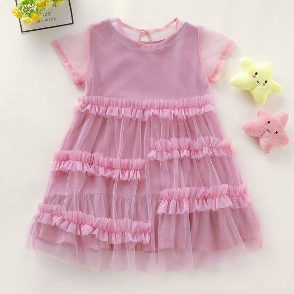 

Toddler Girls Mesh Overlay Ruffle Hem Dress