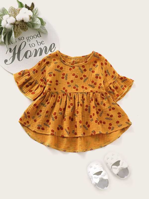 

Baby Girl Allover Cherry Print Ruffle Hem High Low Top, Yellow