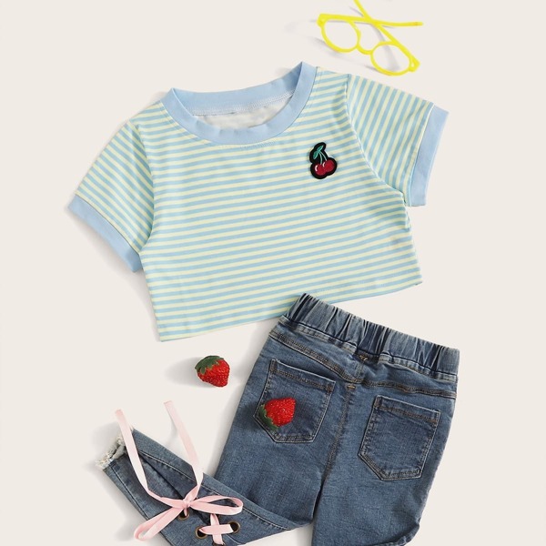 

Toddler Girls Contrast Trim Striped Fruit Patched Tee