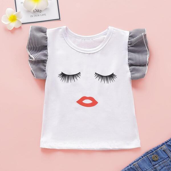 

Toddler Girls Contrast Gingham Sleeve Figure Print Tee