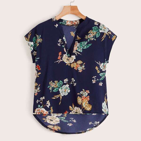 

Floral Print High Low V-neck Blouse